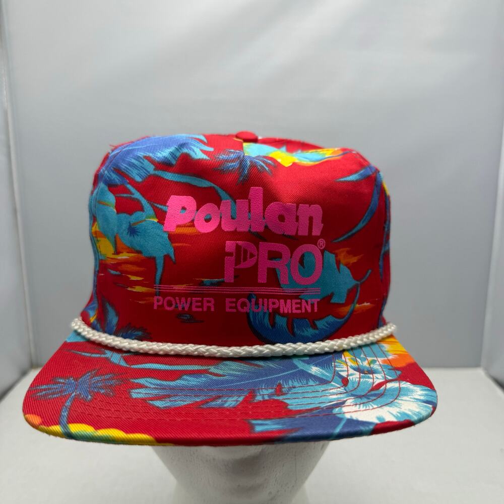 Vtg Poulan Pro Power Equipment Red Floral Hawaiian Rope Hat